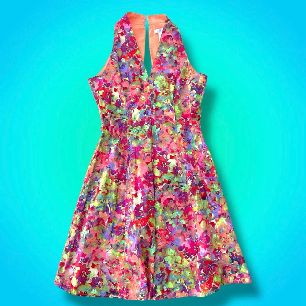 London Times Pink Multi Floral V‑Neck Fit & Flare Dress